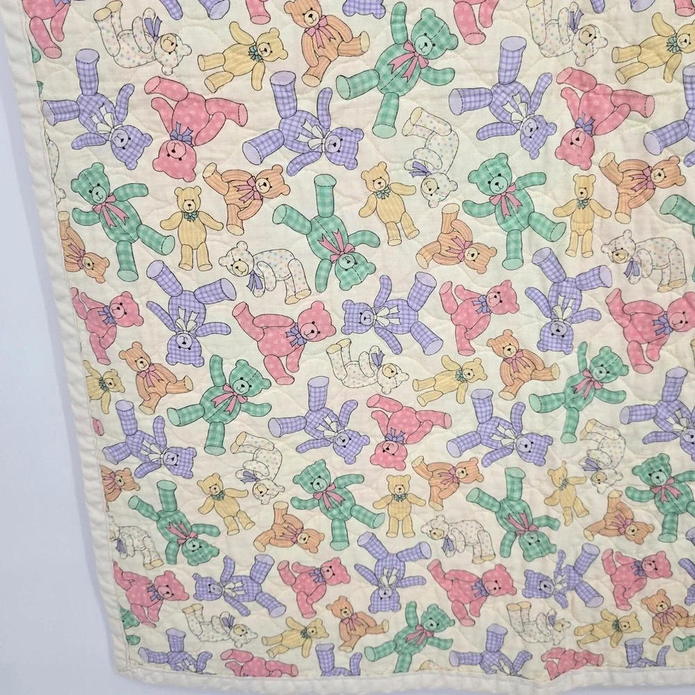Vintage Pastel Teddy Bear Baby Quilt Reversible Patchwork Pink Purple 34x42